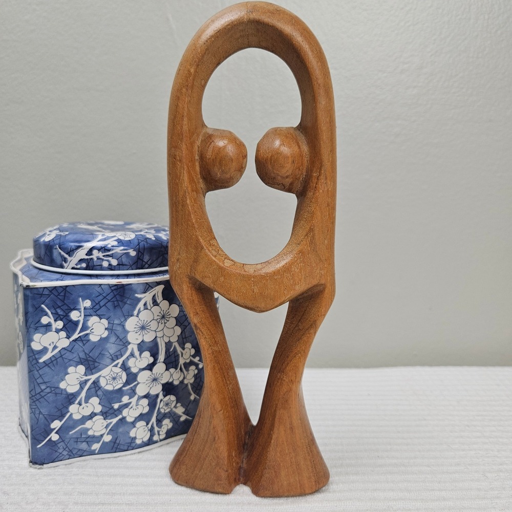 Abstract MCM Wood Carved‎ Couple Figurine Hug Sculpture